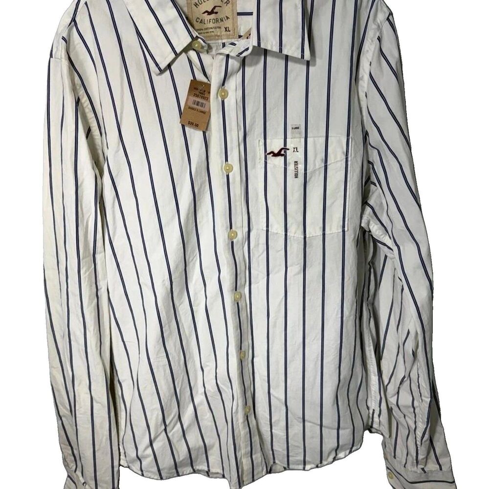 Hollister Co Men's White Striped Long Sleeve Collared Shirt